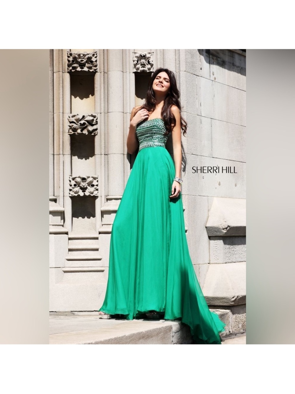Sherri Hill Emerald Beaded Strapless Evening Gown